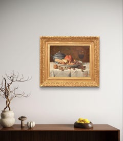 Still Life with Fruit And Cheese, Oil On Canvas, Antique Painting, 19th Century.