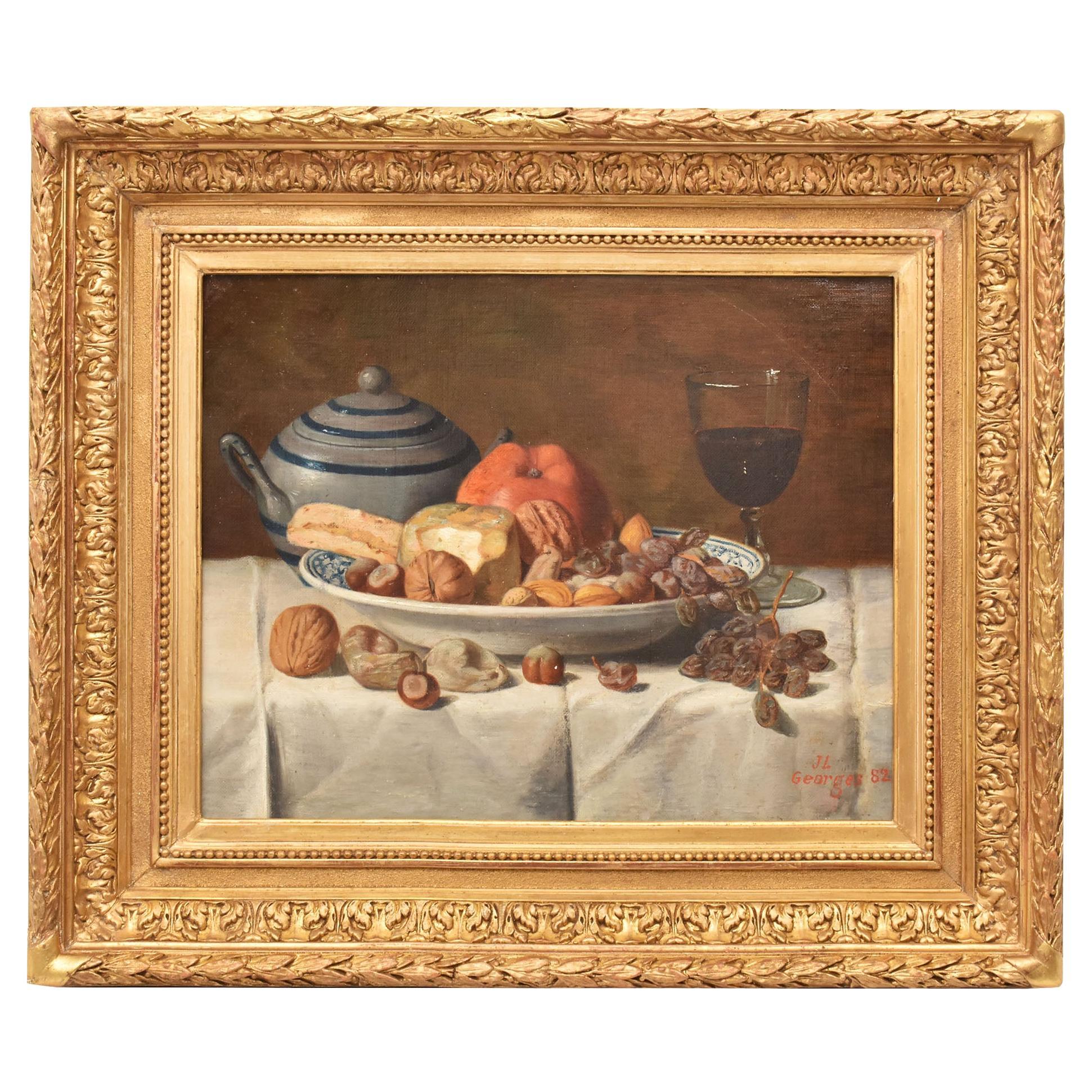 Still Life with Fruit And Cheese, Oil On Canvas, Antique Painting, 19th Century.