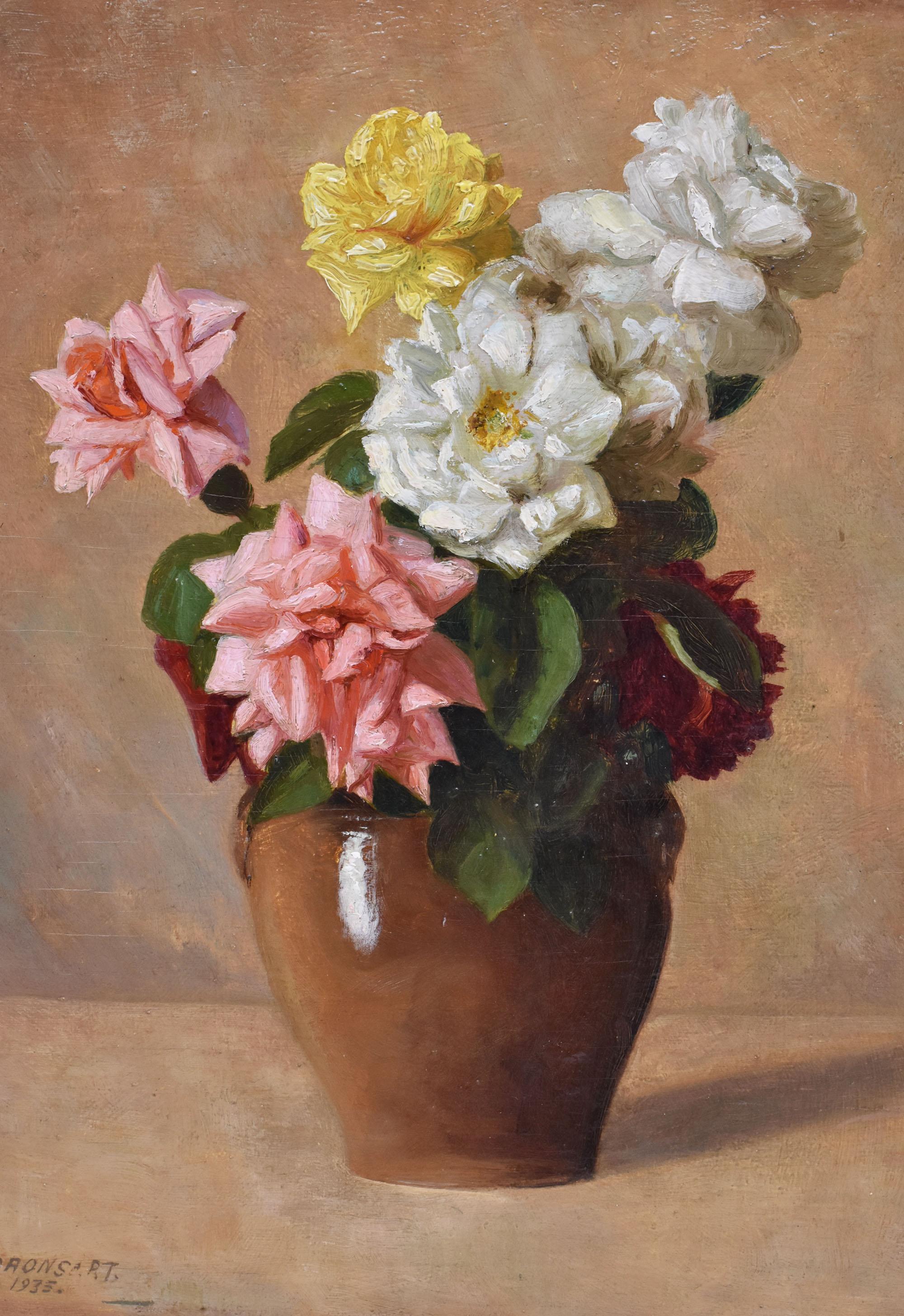 Natura Morta Con Rose Bianche e Rosa, Olio Su Tavola, Art Deco, Anni Trenta. (Art déco) im Angebot