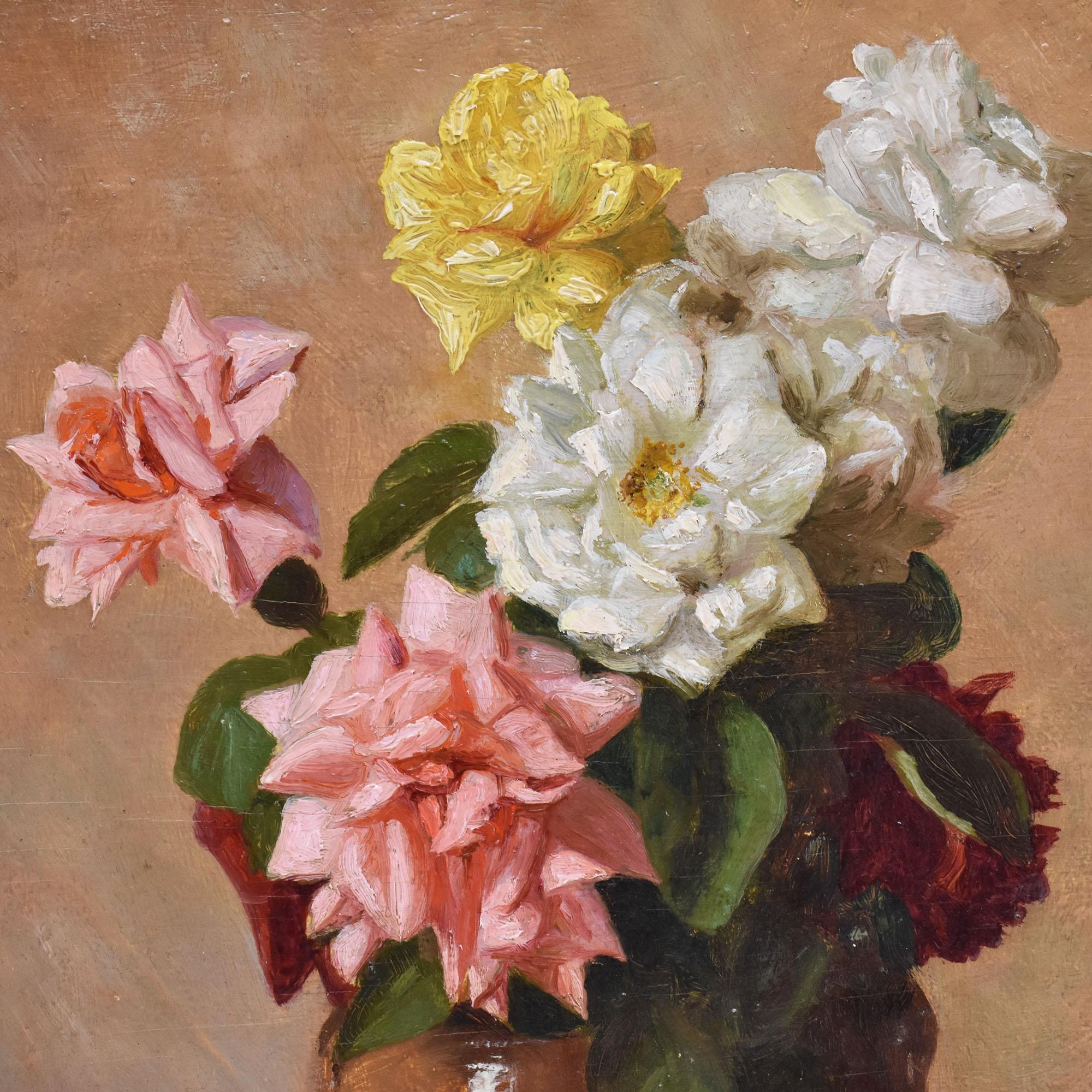 Natura Morta Con Rose Bianche e Rosa, Olio Su Tavola, Art Deco, Anni Trenta. (French) im Angebot