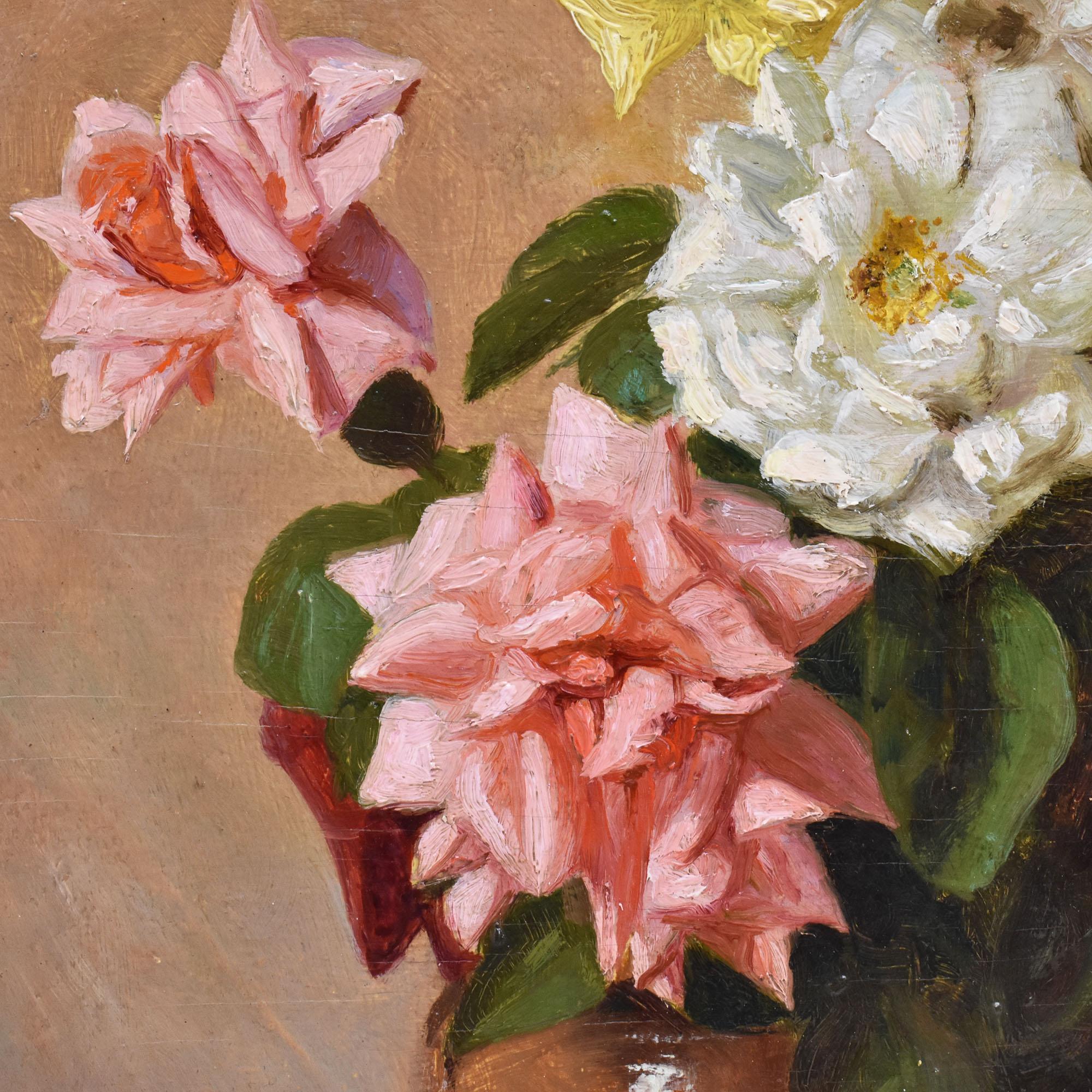 Natura Morta Con Rose Bianche e Rosa, Olio Su Tavola, Art Deco, Anni Trenta. (Geölt) im Angebot