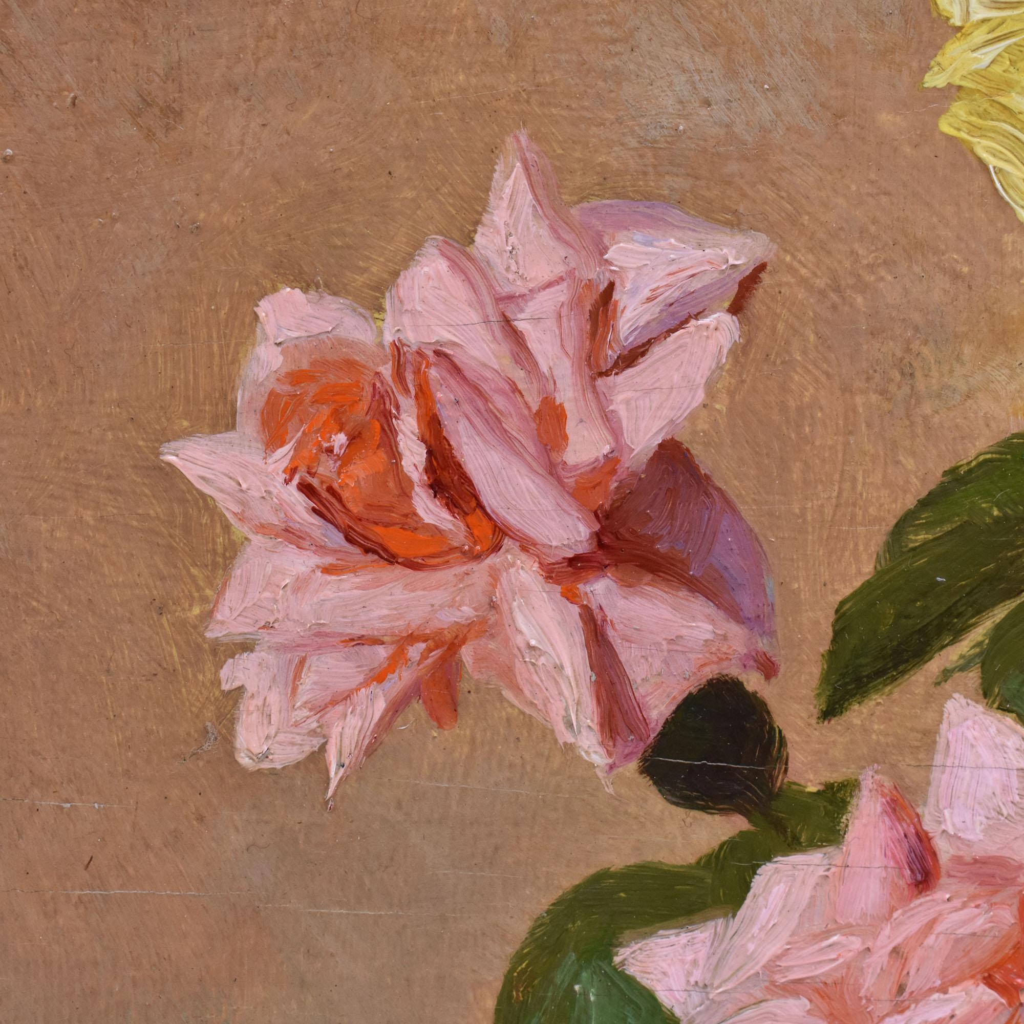 Natura Morta Con Rose Bianche e Rosa, Olio Su Tavola, Art Deco, Anni Trenta. (20th Century) im Angebot