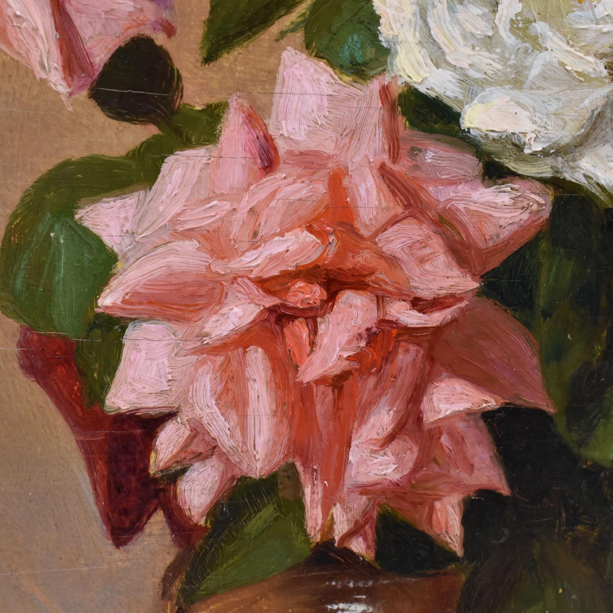Natura Morta Con Rose Bianche e Rosa, Olio Su Tavola, Art Deco, Anni Trenta. (Holz) im Angebot