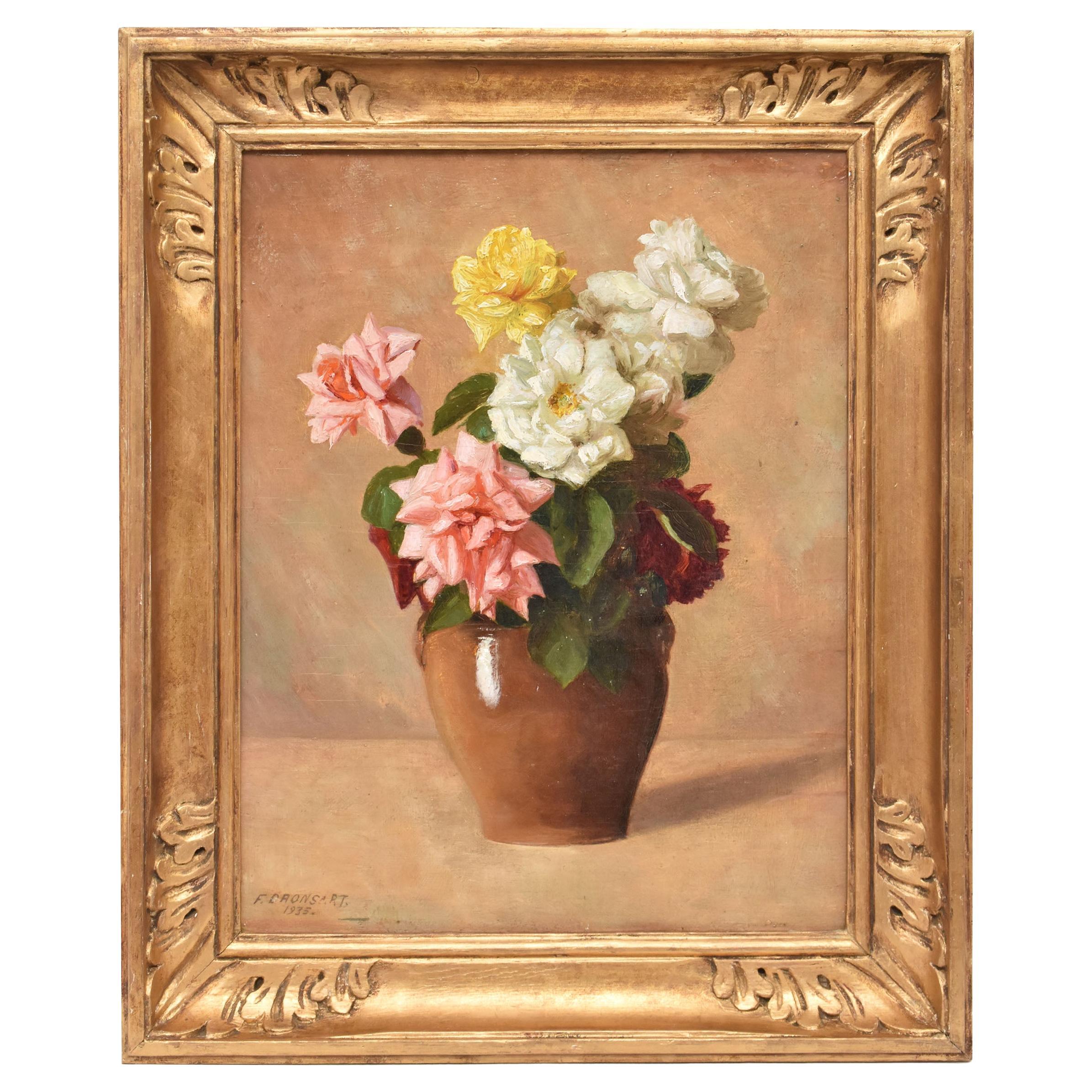 Natura Morta Con Rose Bianche e Rosa, Olio Su Tavola, Art Deco, Anni Trenta. im Angebot