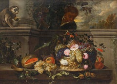 Nature morte avec un singe, des fleurs et des fruits dans un jardin, Jan van den Hecke