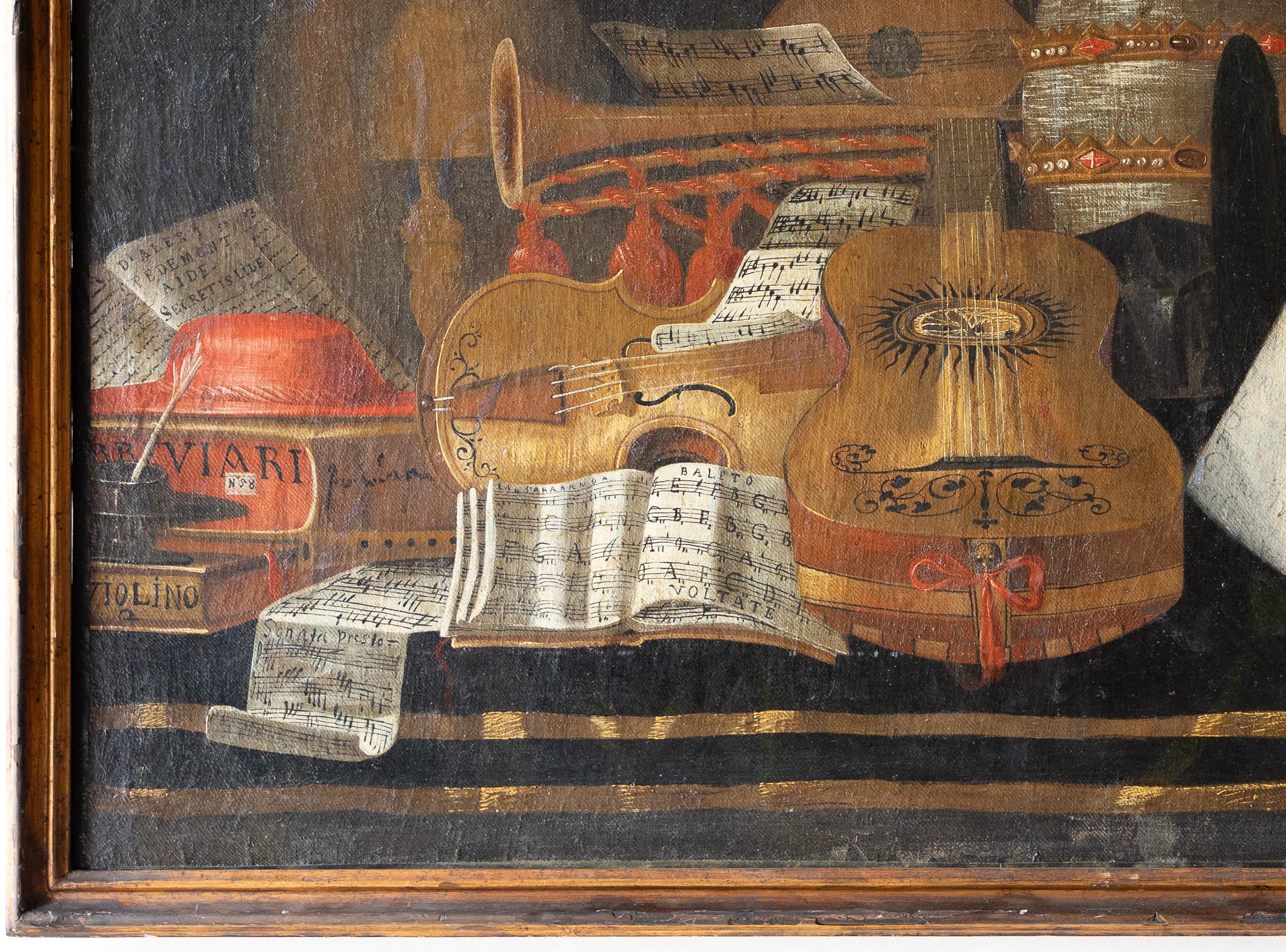 Natura morta con strumenti musicali
Epoca: fine 1600
Provenienza: Milano
Dimensioni: 138x100 cm con cornice, 130x90 cm solo tela.
Descrizione: Magnifica natura morta con strumenti musicali risalente alla fine del ‘600. Con il genere pittorico della