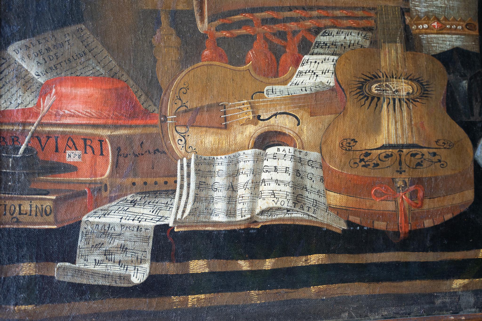 Oiled Still life with musical instruments 17th century For Sale