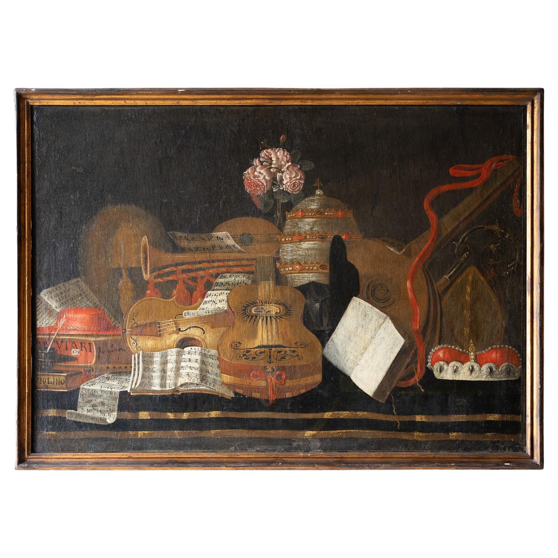 Still life with musical instruments 17th century For Sale