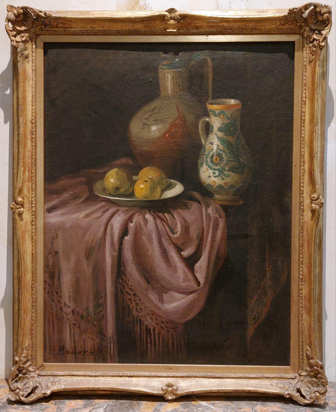 Stilleben mit Tischtuch, zwei Krügen und einem Teller mit Äpfeln (19th Century) im Angebot