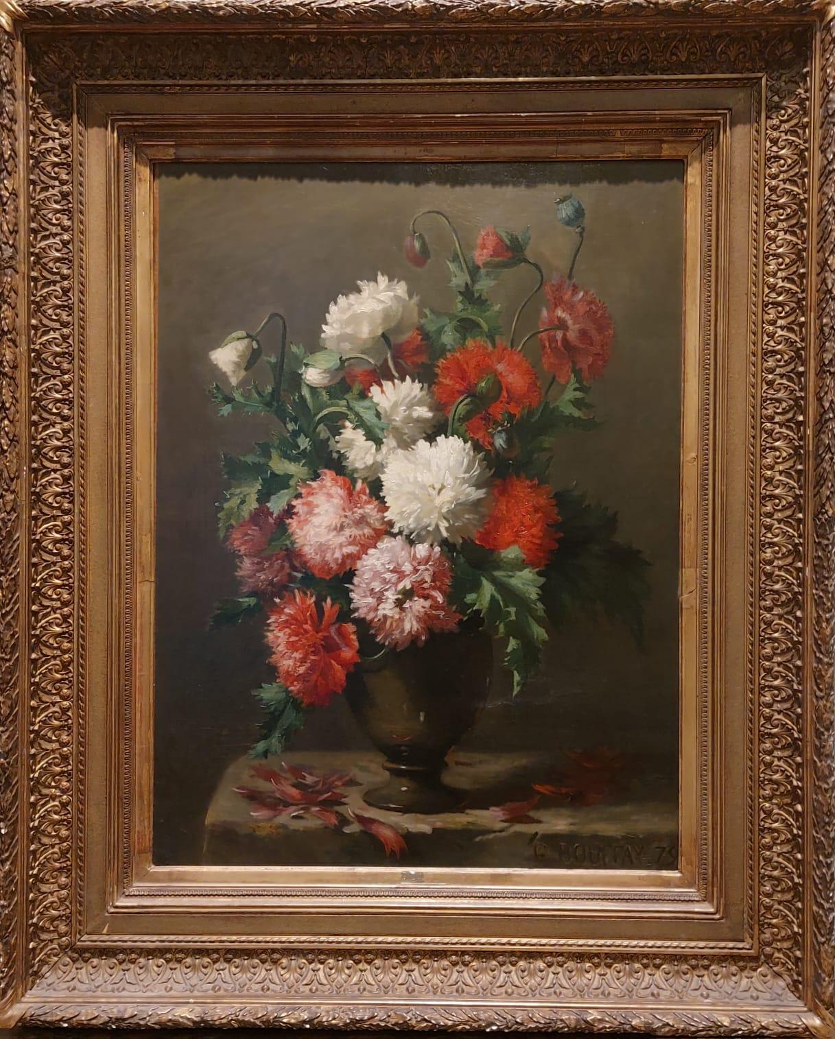 Stilleben mit Vase mit farbigen Nelken (Geölt) im Angebot