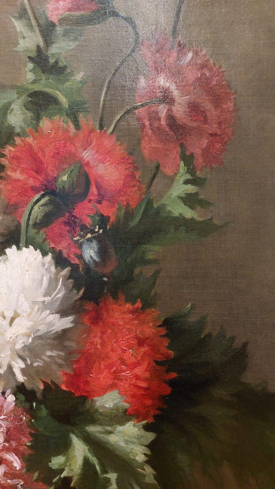 Stilleben mit Vase mit farbigen Nelken (Farbe) im Angebot