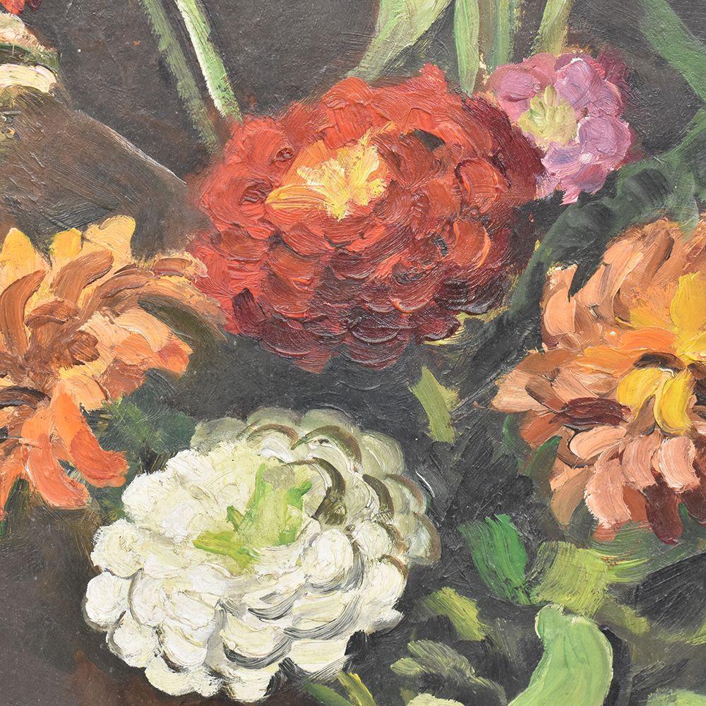 Other Still Life Of Zinne Flowers, Bunch Of Flowers, Oil On Board, Twentieth Century Era. For Sale