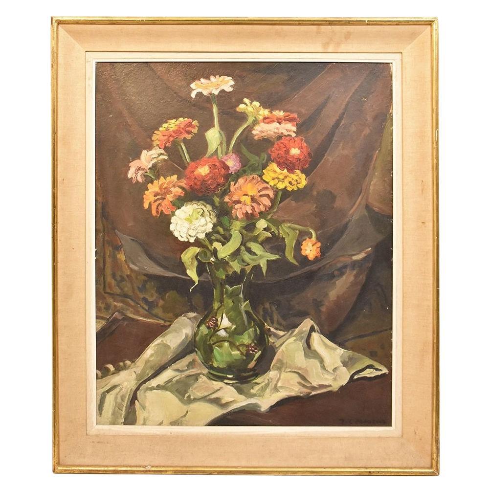 Still Life Of Zinne Flowers, Bunch Of Flowers, Oil On Board, Twentieth Century Era.