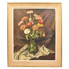 Still Life Of Zinne Flowers, Bunch Of Flowers, Oil On Board, Twentieth Century Era.