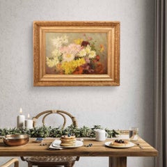 Floral Still Life, Antique Painting, Daisy Flowers, Oil On Canvas, 19th.