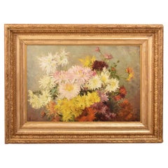 Floral Still Life, Antique Painting, Daisy Flowers, Oil On Canvas, 19th.