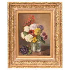 Naturaleza muerta floral, flores de dalias y violetas, óleo sobre lienzo, finales del siglo XIX