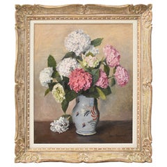 Floral Still Life, Hydrangeas in a Decorated Vase, Art Nouveau, Oil on Canvas, 20th Century