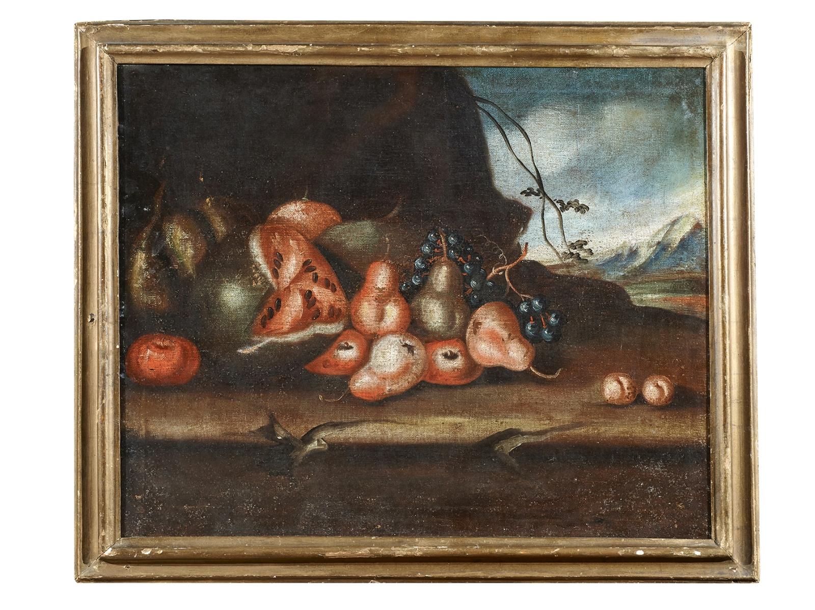 Painting oil on canvas measuring 60 x 74 cm without frame and 70 x 84 cm with frame depicting an archaic still life of fruits (pear, watermelon, grapes) of the beginning of 17th Century.

This calibrated still life of fruit is a beautiful example