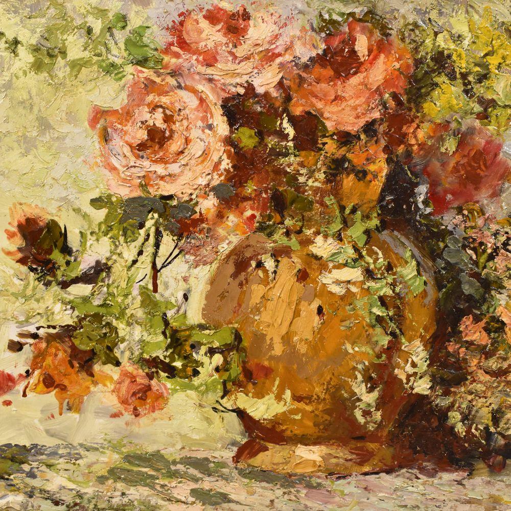Das Stillleben stellt eine Vase mit Blumen dar, einen gepflückten Rosenstrauß, der in eine Vase gestellt werden kann. Art-Déco-Ära.

Der Maler verwendet schnelle, fette und reiche Pinselstriche, sehr angenehm und intensiv.

Es handelt sich um ein