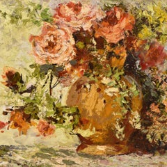 Still Life Vase Of Flowers, Bunch Of Roses, Oil On Board, Early Twentieth Century.