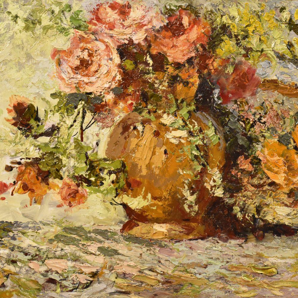 Stillleben Blumenvase, Rosenstrauß, Öl auf Karton, frühes 20. Jahrhundert. (Art déco) im Angebot