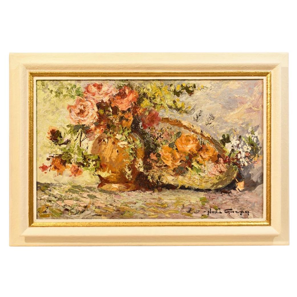 Still Life Vase Of Flowers, Bunch Of Roses, Oil On Board, Early Twentieth Century.