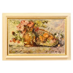 Still Life Vase Of Flowers, Bunch Of Roses, Oil On Board, Early Twentieth Century.
