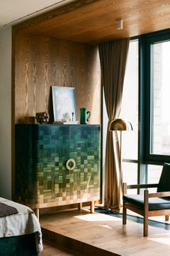 Natura Straw Marquetry Drawer Cabinet Green Gradient Inlay Solid Wood Handmade