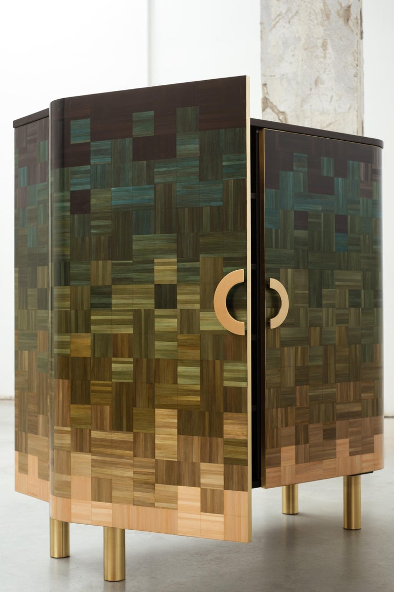Modern Natūra Straw Marquetry Inlay Collectible Green Wood Drawer Cabinet RUDA Studio For Sale