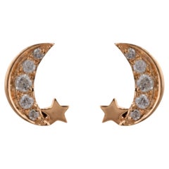 Natural 0.13 Carat Diamond Star Moon Stud Earrings 14 Karat Yellow Gold Jewelry