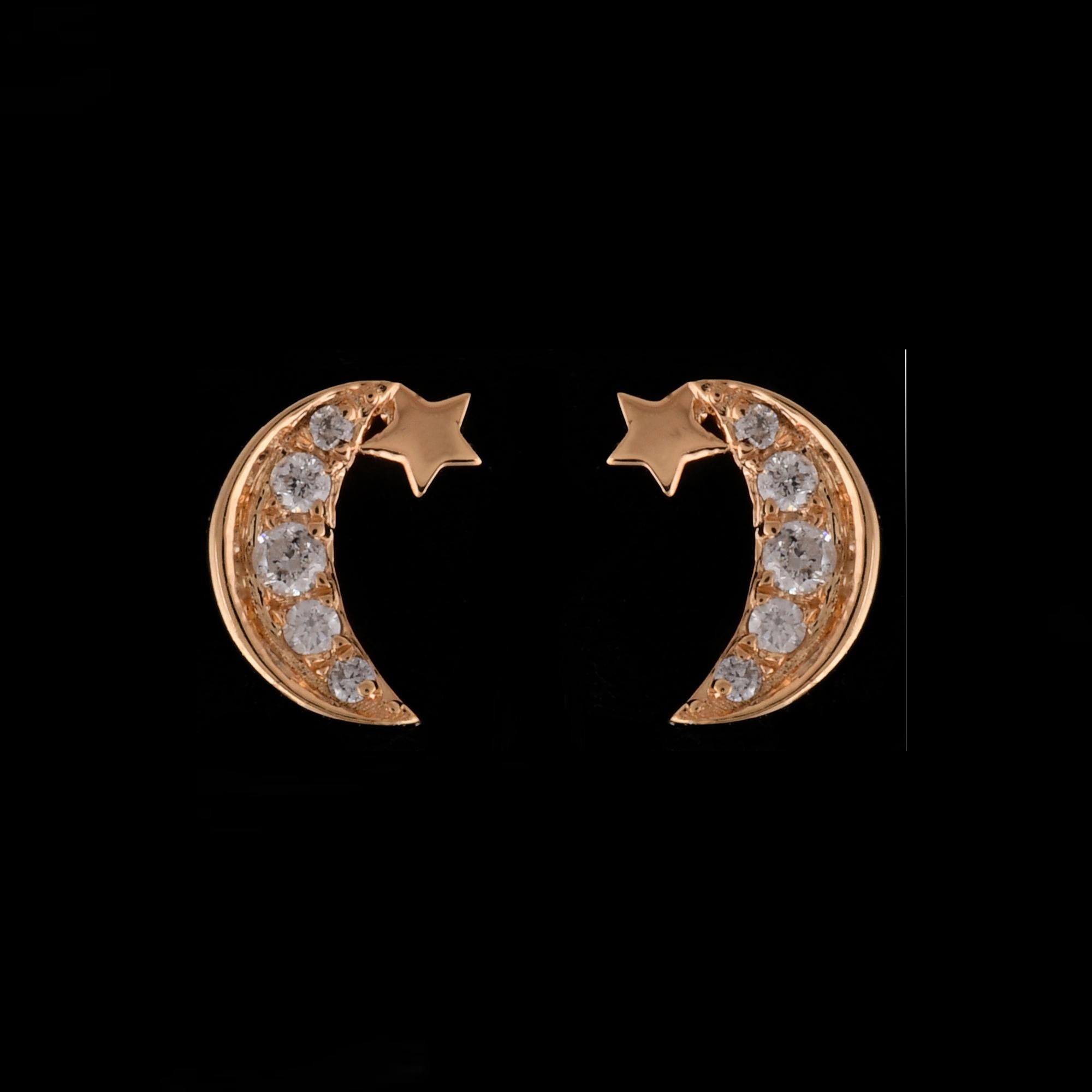 Modern Natural 0.13 Carat Diamond Star Moon Stud Earrings 18 Karat Yellow Gold Jewelry For Sale