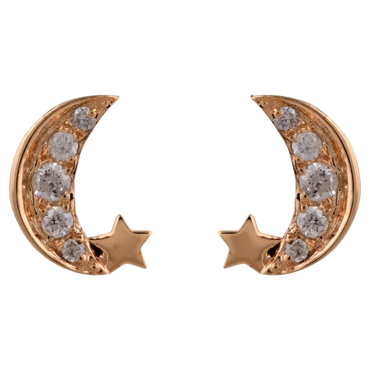Natural 0.13 Carat Diamond Star Moon Stud Earrings 18 Karat Yellow Gold Jewelry