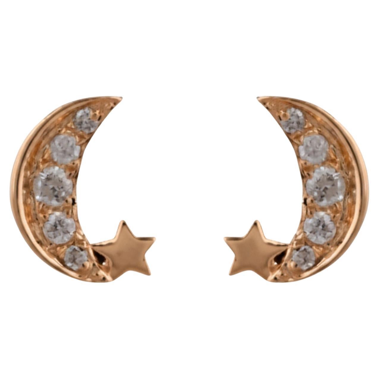 Natural 0.13 Carat Diamond Star Moon Stud Earrings 18 Karat Yellow Gold Jewelry