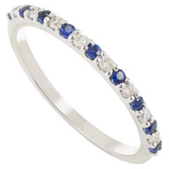 Round Cut Natural Blue Sapphire and Diamond Half Eternity Band in 18k White Gold