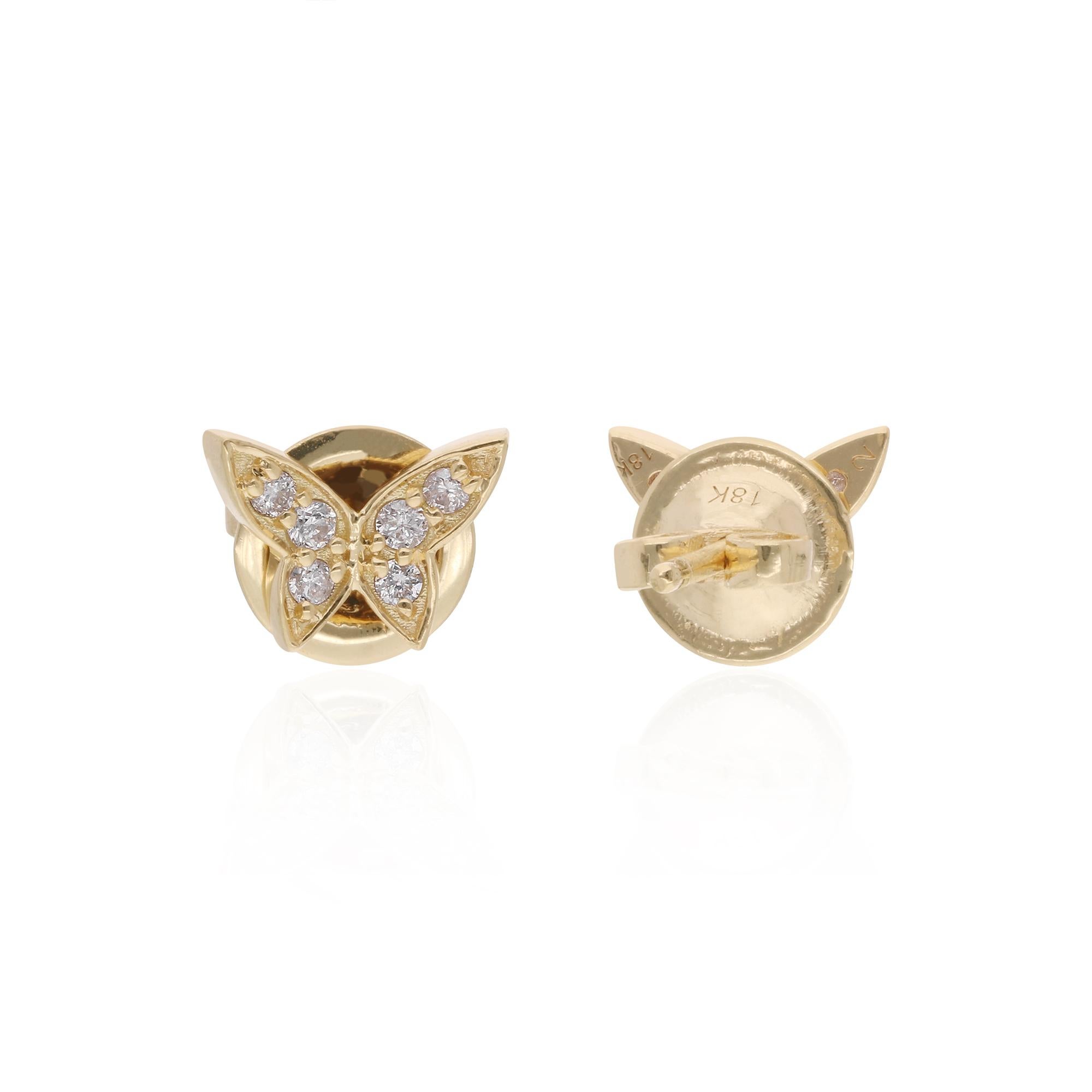 The earrings are typically crafted in 18 karat yellow gold, which provides a warm and vibrant backdrop for the diamond and complements the butterfly design. Yellow gold is a popular choice for fine jewelry due to its timeless appeal and