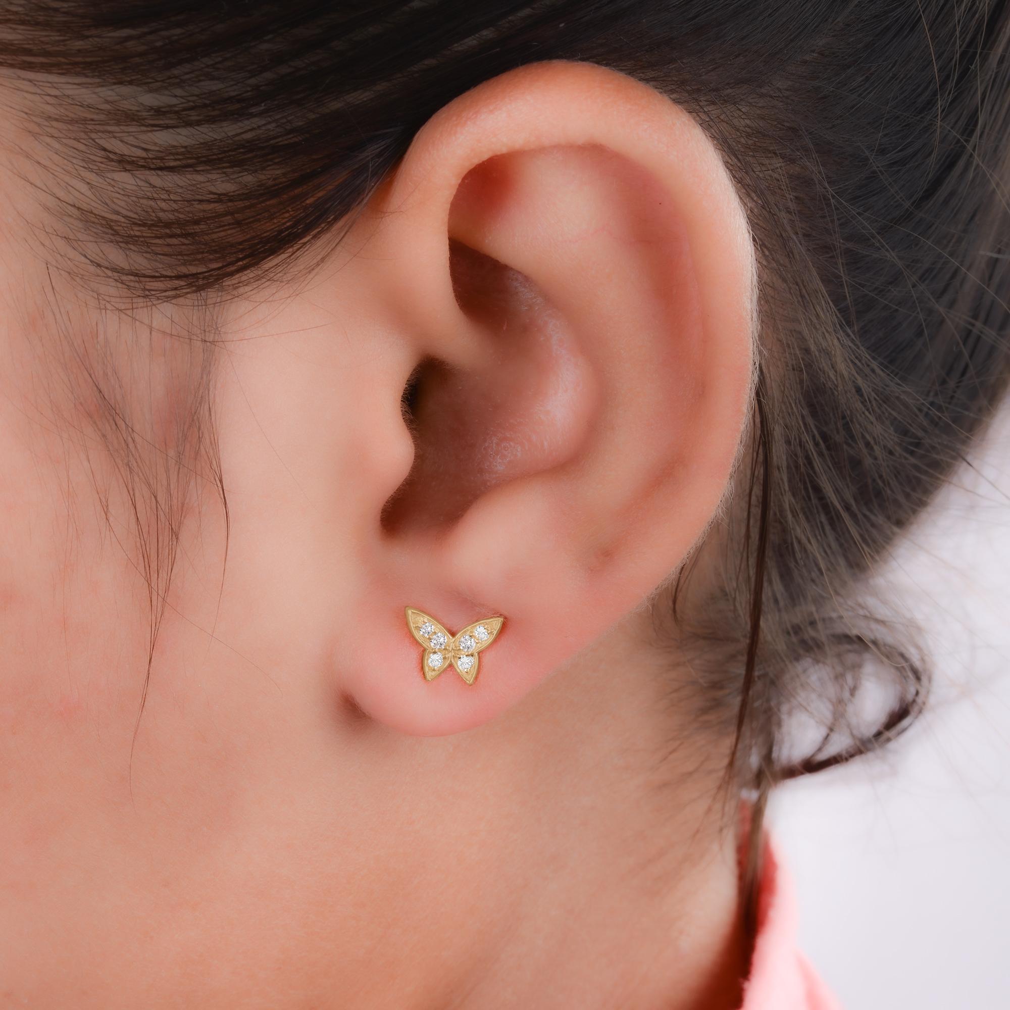 Moderne Clous d'oreilles papillon en or jaune 14 carats avec diamants naturels de 0,17 carat en vente