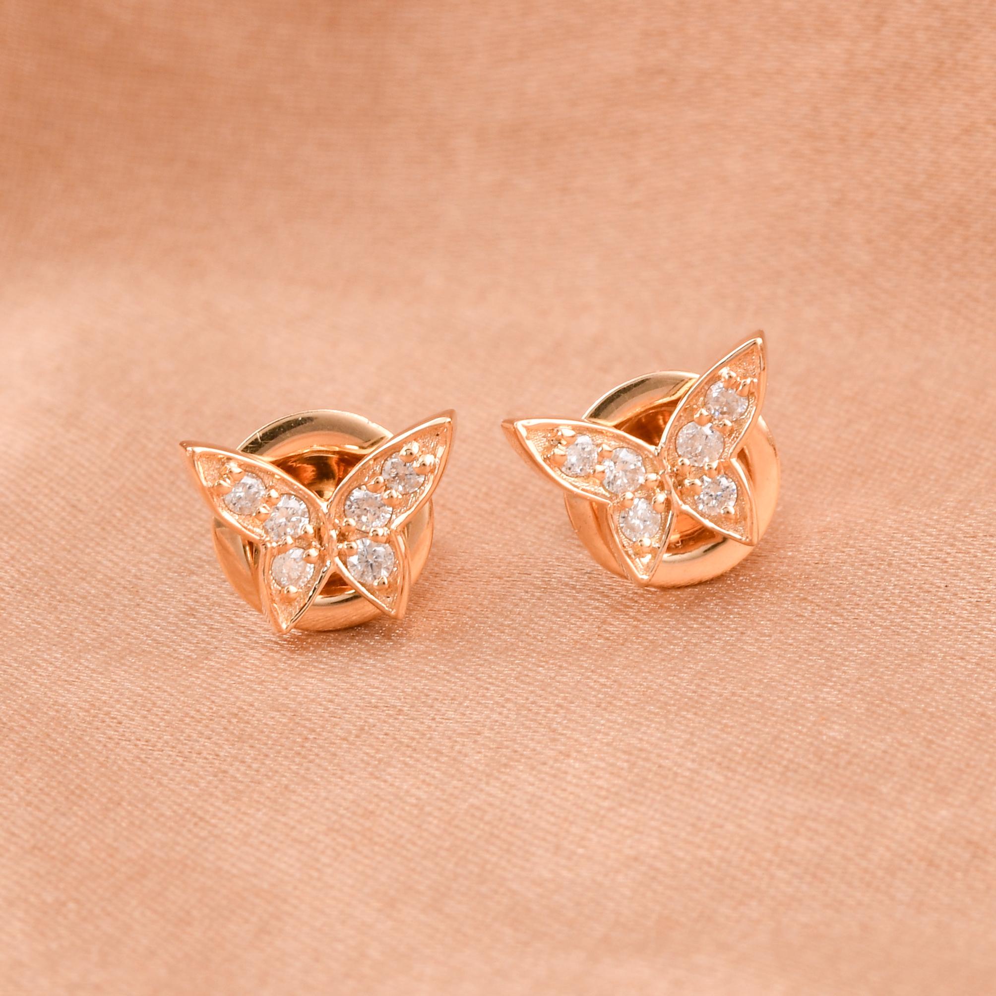 Round Cut Natural 0.17 Carat Diamond Butterfly Stud Earrings 14 Karat Yellow Gold Jewelry For Sale