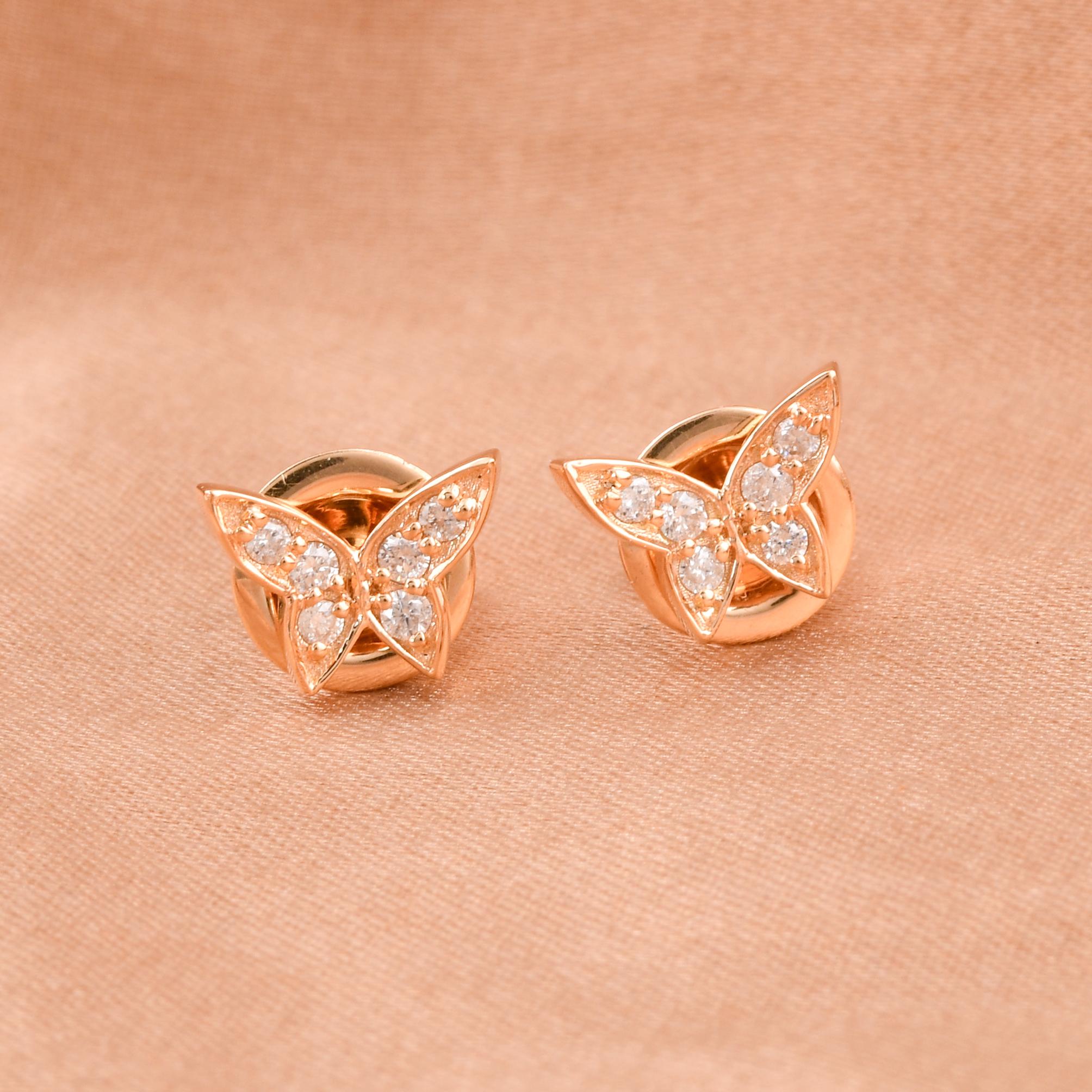 Taille ronde Clous d'oreilles papillon en or jaune 14 carats avec diamants naturels de 0,17 carat en vente