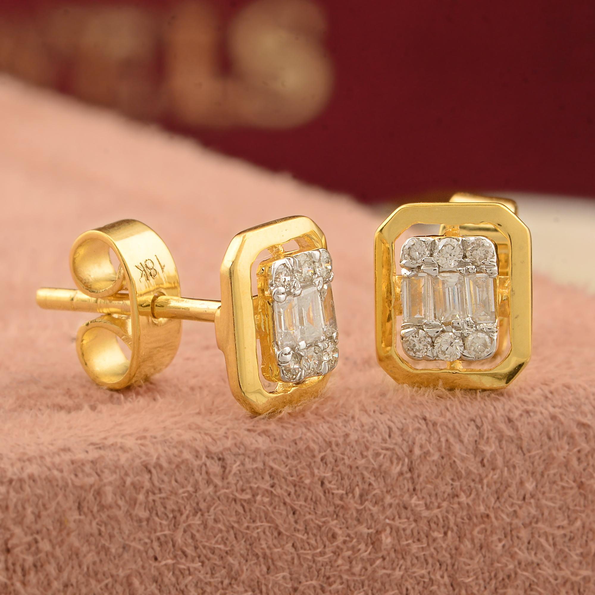 Modern Natural 0.21 Carat Baguette Diamond Stud Earrings Solid 18k Yellow Gold Jewelry For Sale