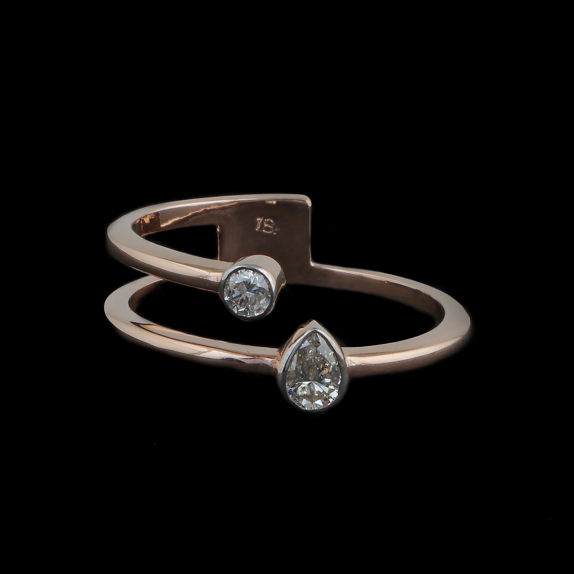 Modern Natural 0.23 Carat Pear & Round Diamond Ring 18 Karat Rose Gold Handmade Jewelry For Sale