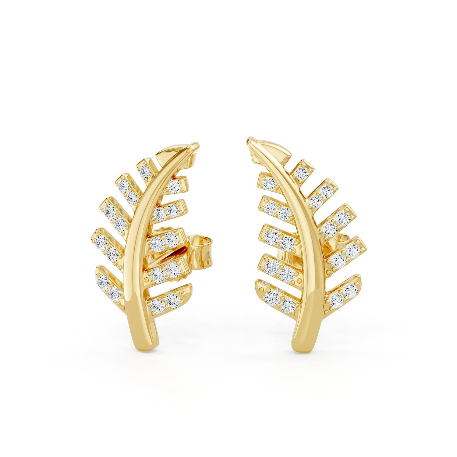Modern Natural 0.23Ct Diamond Palm Leaf Stud Earrings in 14K Yellow Gold For Women For Sale