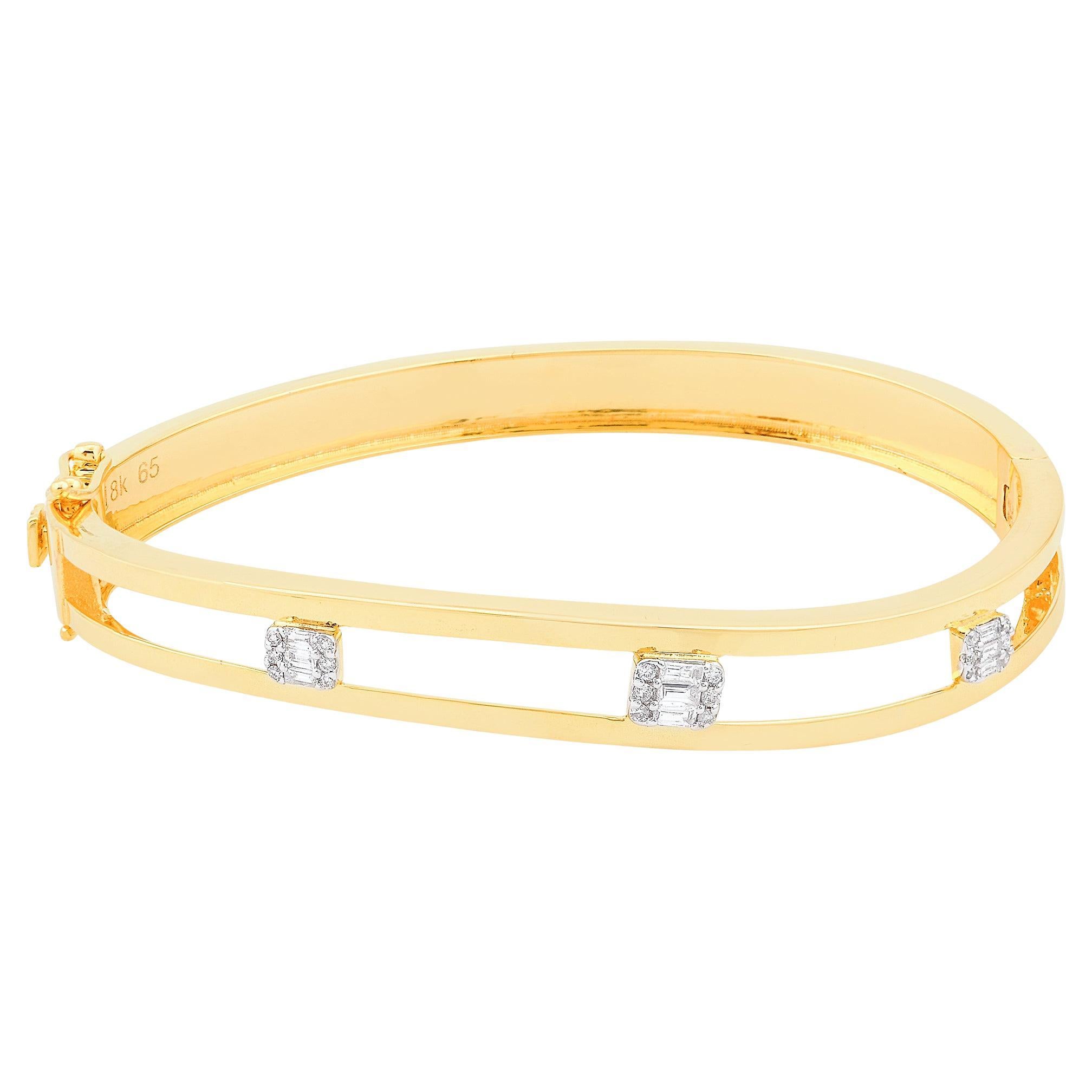 Bracelet jonc en or jaune 14 carats avec diamants baguettes et ronds de 0,25 carat