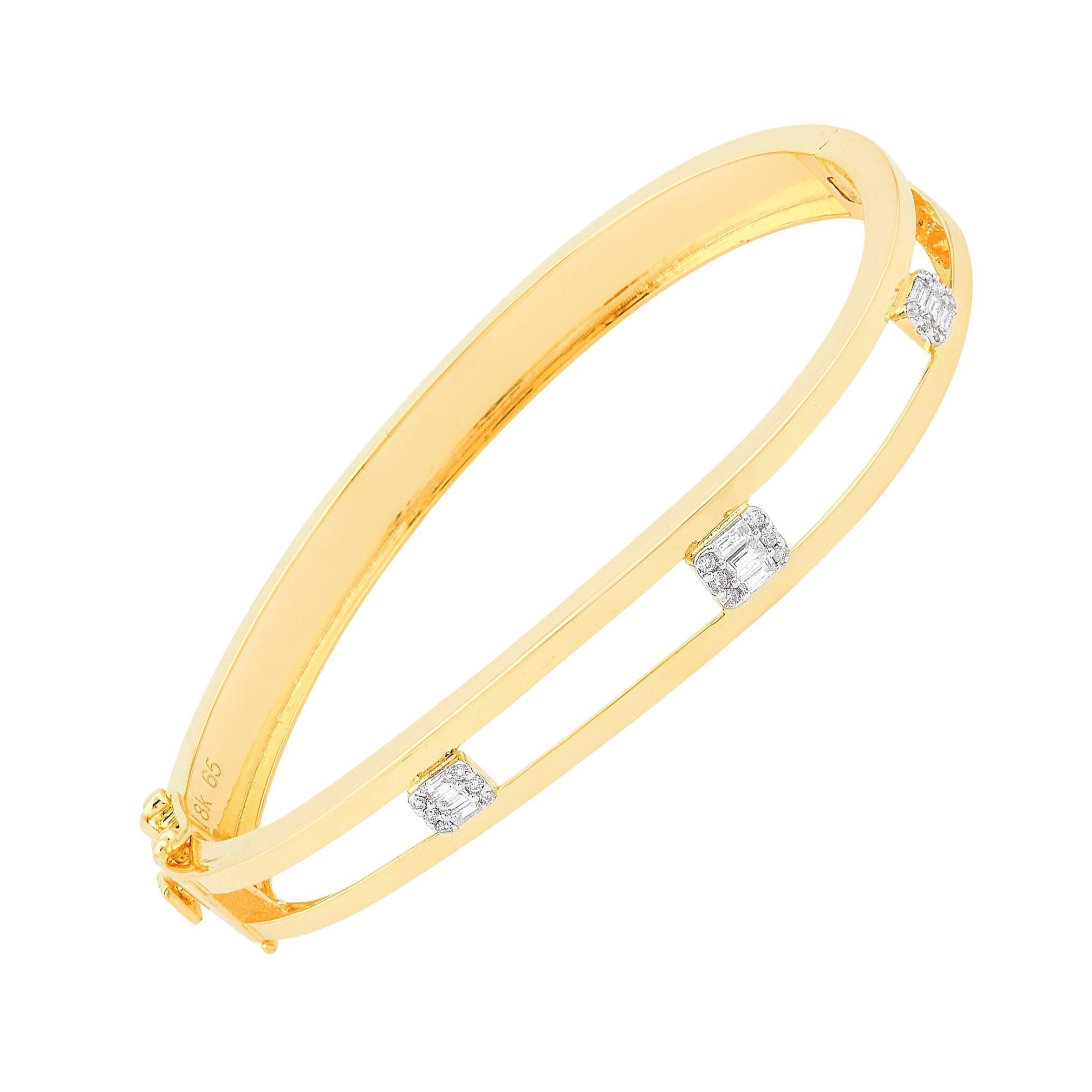 Natural 0.25 Carat Baguette & Round Diamond Bangle Bracelet 18 Karat Yellow Gold