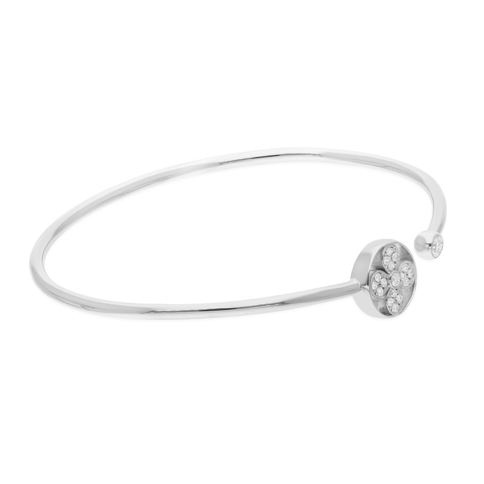 Modern Natural 0.25 Carat Round Diamond Flower Cuff Bangle Bracelet 18 Karat White Gold For Sale