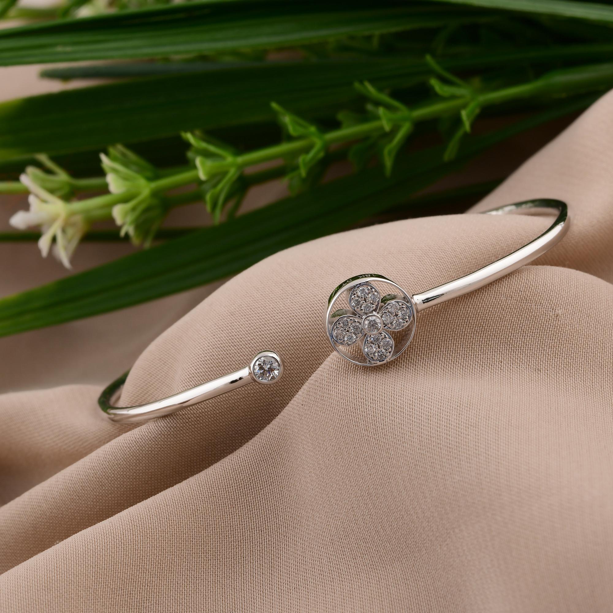 Round Cut Natural 0.25 Carat Round Diamond Flower Cuff Bangle Bracelet 18 Karat White Gold For Sale