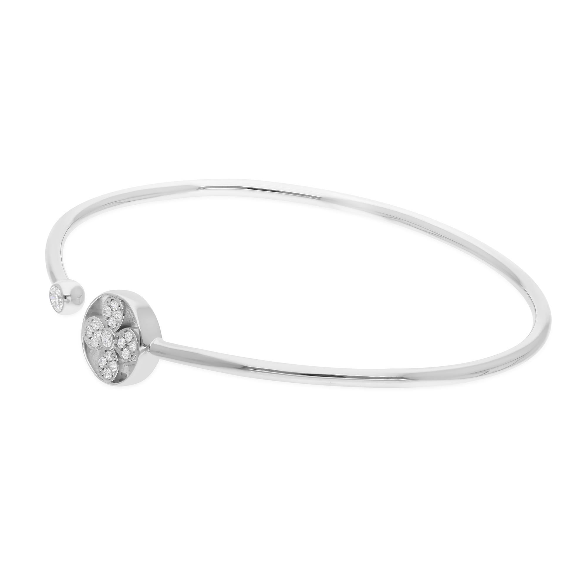 Women's Natural 0.25 Carat Round Diamond Flower Cuff Bangle Bracelet 18 Karat White Gold For Sale