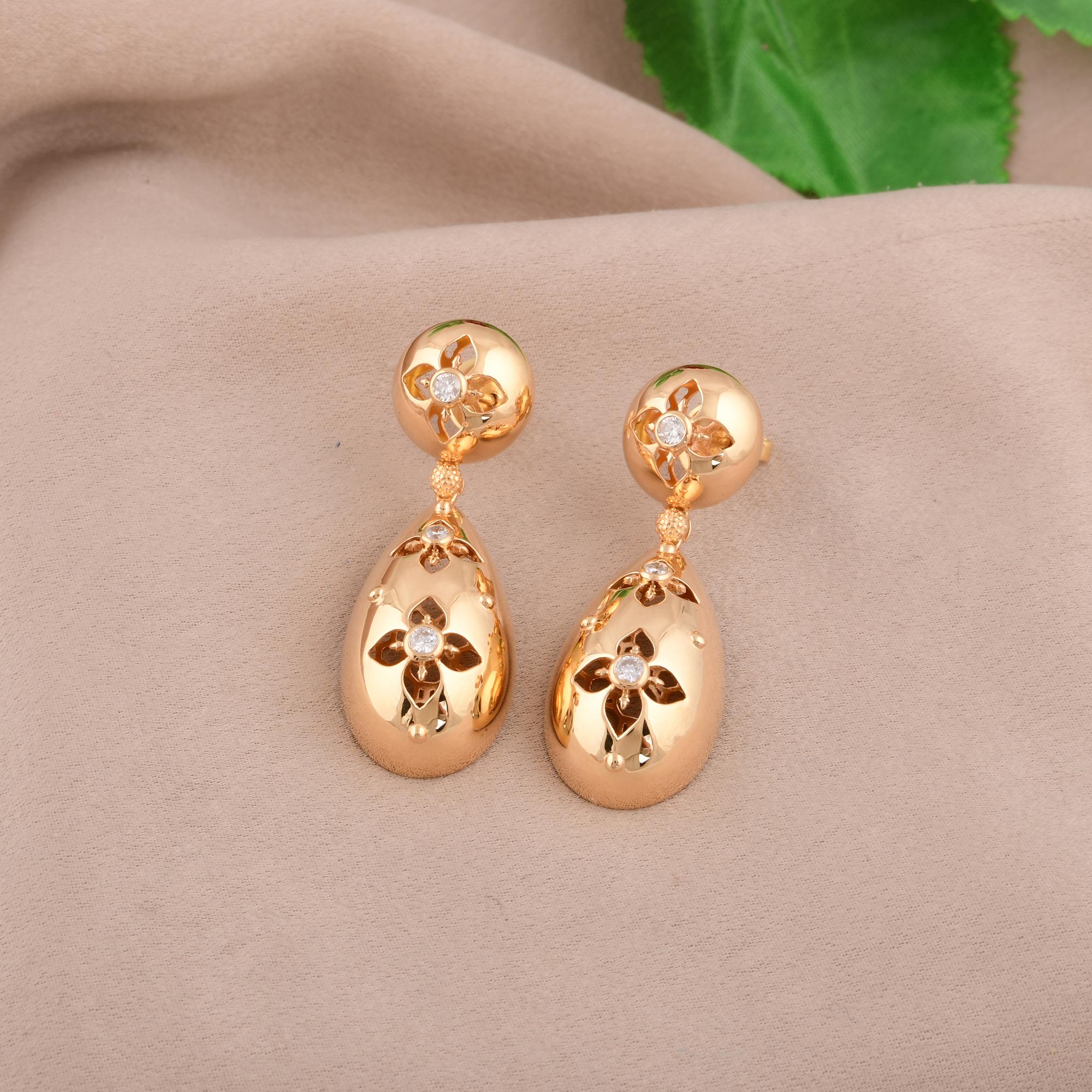 Round Cut Natural 0.28 Carat Diamond Flower Dangle Earrings 14 Karat Yellow Gold Jewelry For Sale