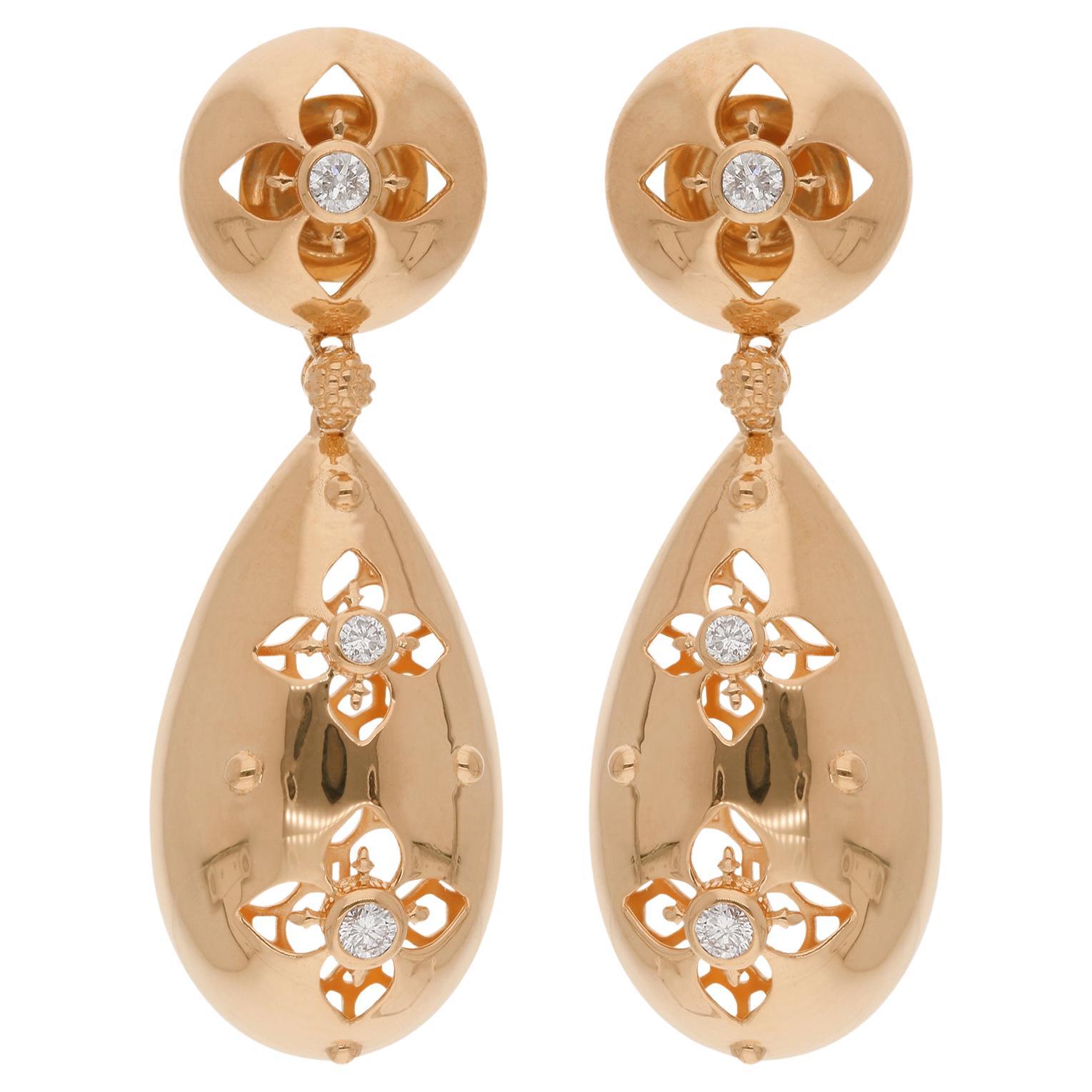 Natural 0.28 Carat Diamond Flower Dangle Earrings 14 Karat Yellow Gold Jewelry