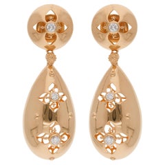 Natural 0.28 Carat Diamond Flower Dangle Earrings 14 Karat Yellow Gold Jewelry